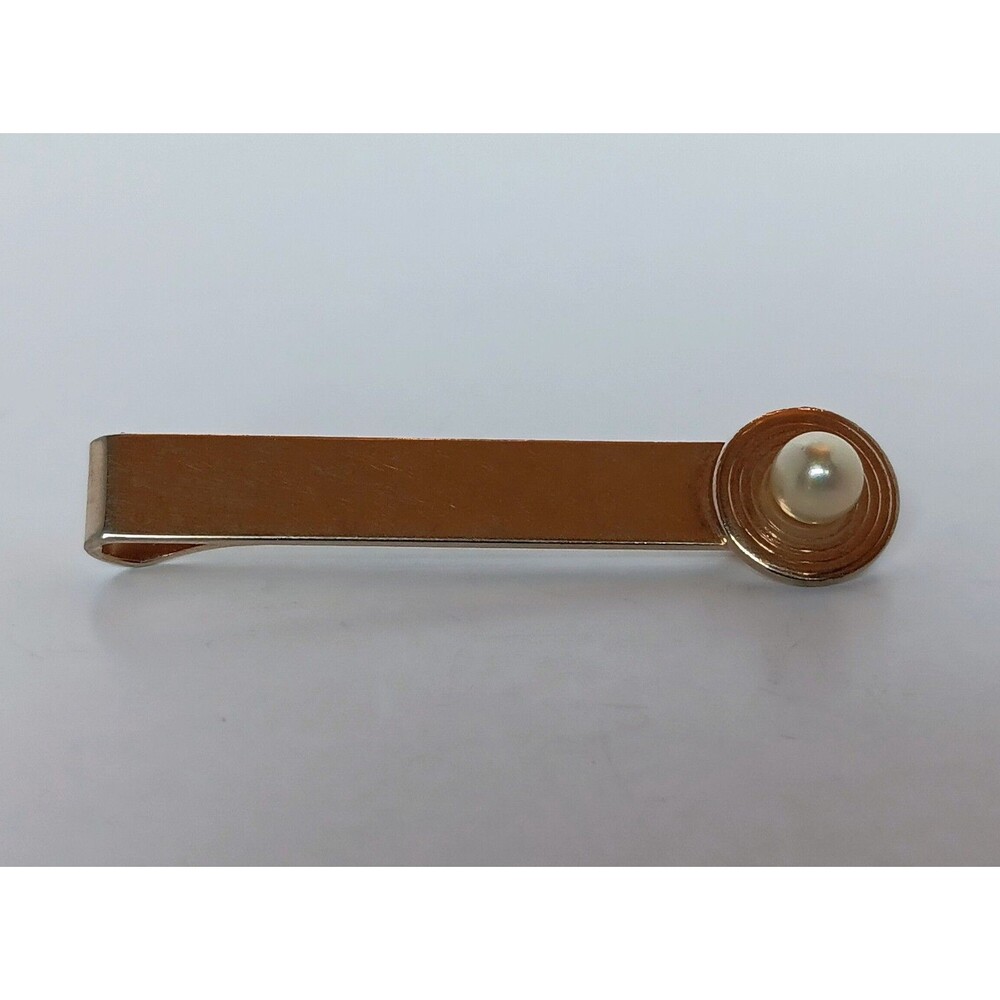 Vintage Swank Signed Goldtone Faux Pearl Tie Bar Clip Gator Clasp - Picture 1 of 4